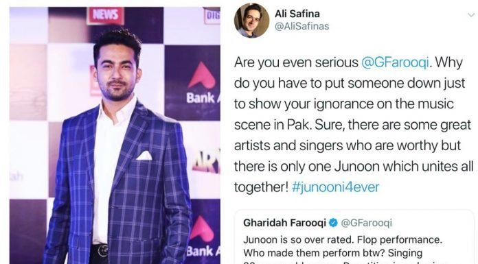Ali Safina gave a mouth shutting reply on Gharida Farooqi’s tweet about Junoon band